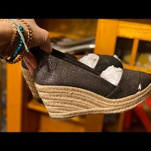 Tory Burch Wedges. Size 8.5. Black shimmer fabric with espadrille wedge.